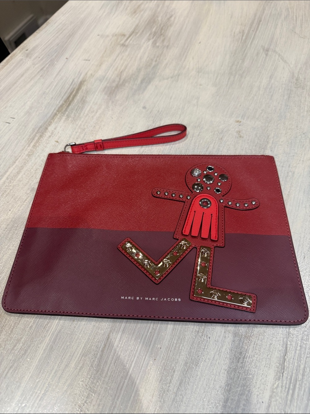 Marc by Marc Jacobs Red and Burgundy Studded Wristlet Patchwork Robot Pouch